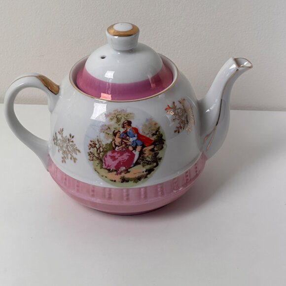 Vintage Norleans Porcelain Teapot With Romantic Scene & Pink Accents - Picture 2 of 12